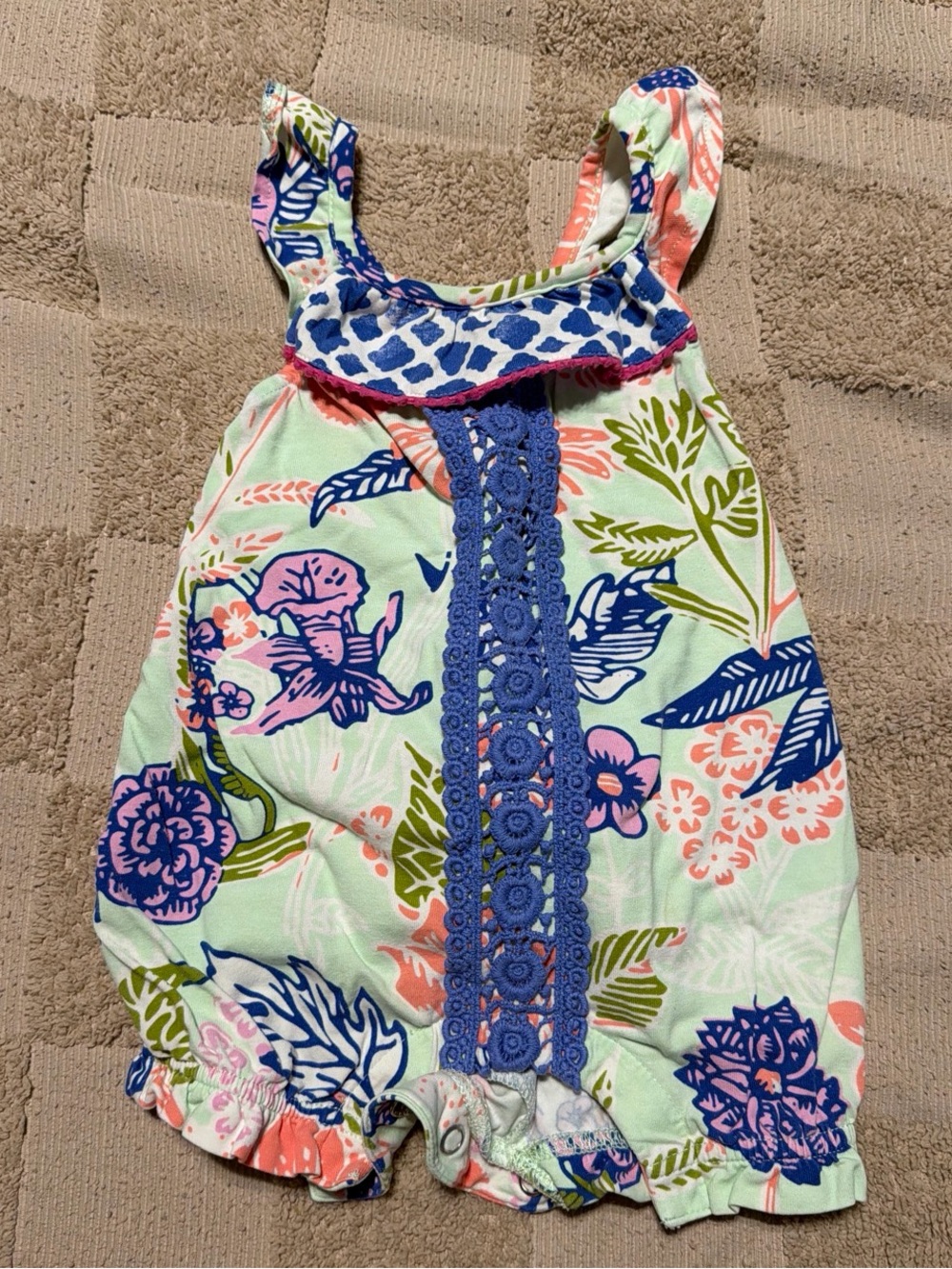 Matilda Jane Mint Floral Romper with Blue Crochet Trim and Coral Accents